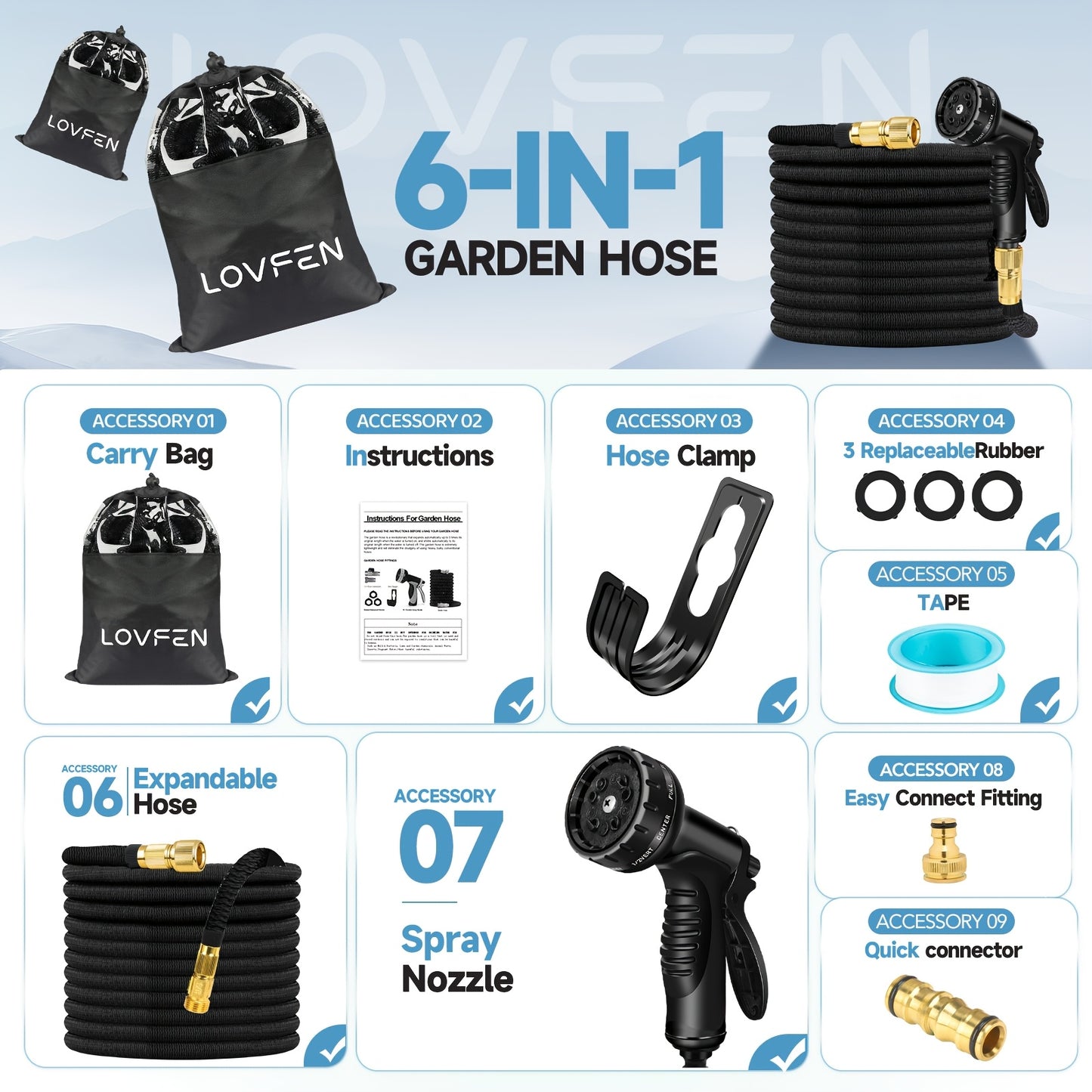 LOVFEN Tubo da Giardino Estensibile e Flessibile con Ugello a Spruzzo a 10 Funzioni Arancione 7.62/15.24/22.86/30.48/45.72 metri