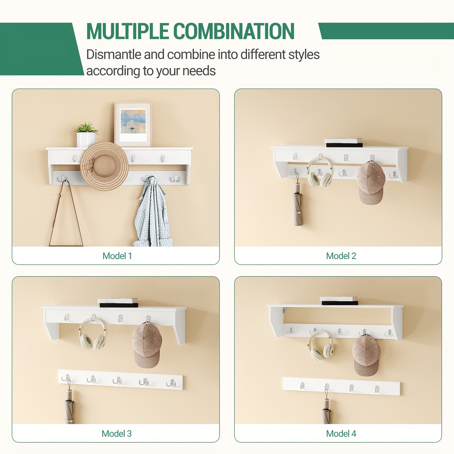 Set scarpiera per armadio, appendiabiti, divanetto scarpe con cuscino, divano d'ingresso, organizzazione e stoccaggio, 30 X 104 X 49 cm, appendiabiti a parete con 9 ganci, camera da letto, area ingresso, bianco e grigio