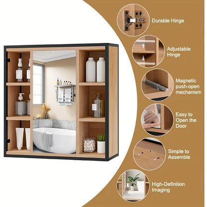 Mobile bagno 1pz.s con specchio, mobile bagno con specchio, mobile con specchio da bagno, mobile sospeso bagno, con ripiani regolabili, realizzato in metallo materiale legno, 60 x 58 x 16 cm