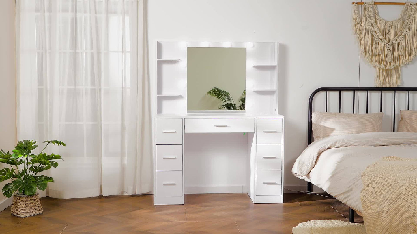 Grandi Scrivania da Trucco con Specchio LED Illuminato e Presa Elettrica, Tavolo da Trucco con 7 Cassetti, 4 Ripiani e 5 Ganci, Tavolo da Trucco, Set Scrivania da Trucco per Camera da Letto, Bagno
