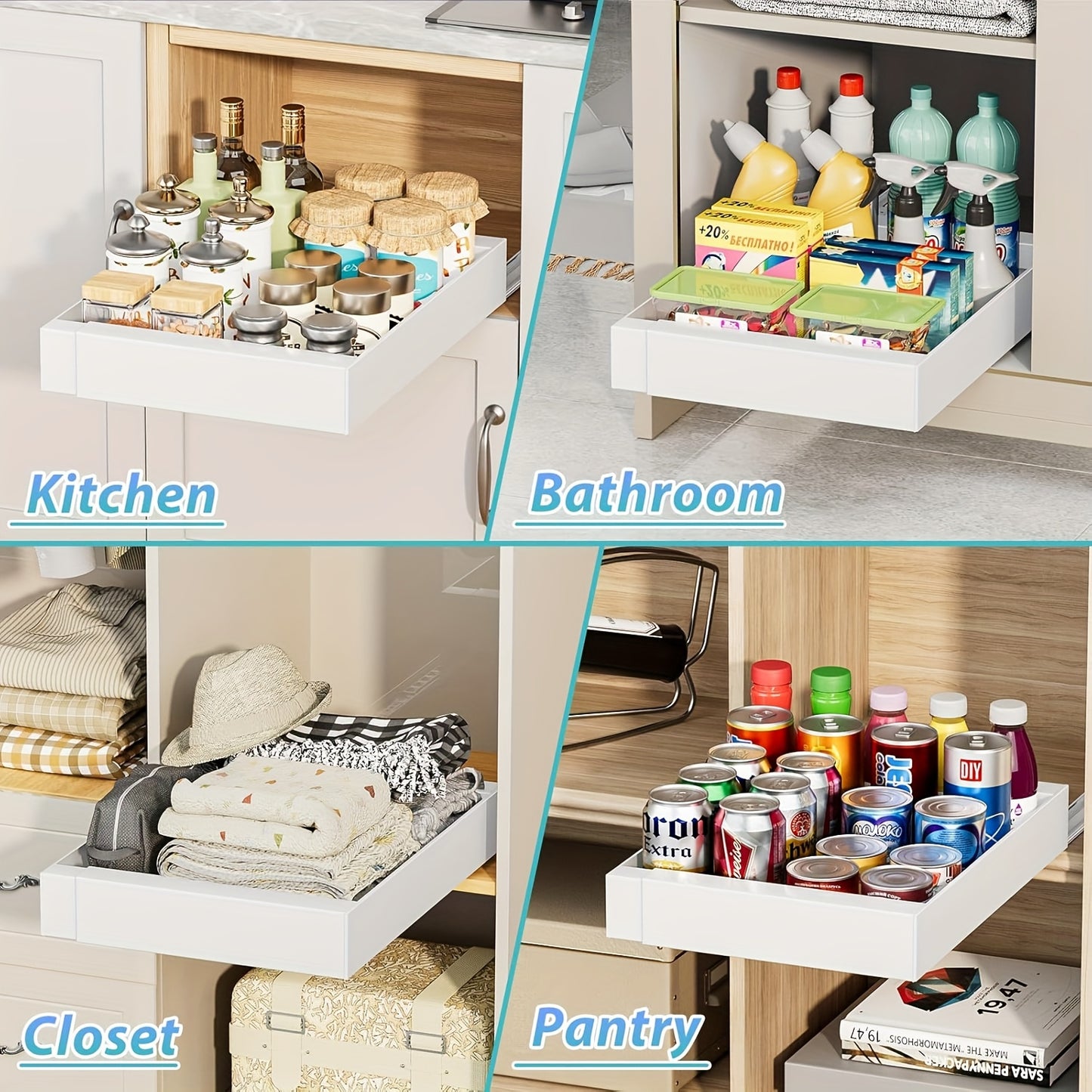 Organizzatore estraibile per armadi, scaffale espandibile con cassetti scorrevoli senza foratura, adatto a cucine e bagni, organizzatore di cassetti estensibili 31-52 cm (nero, bianco)