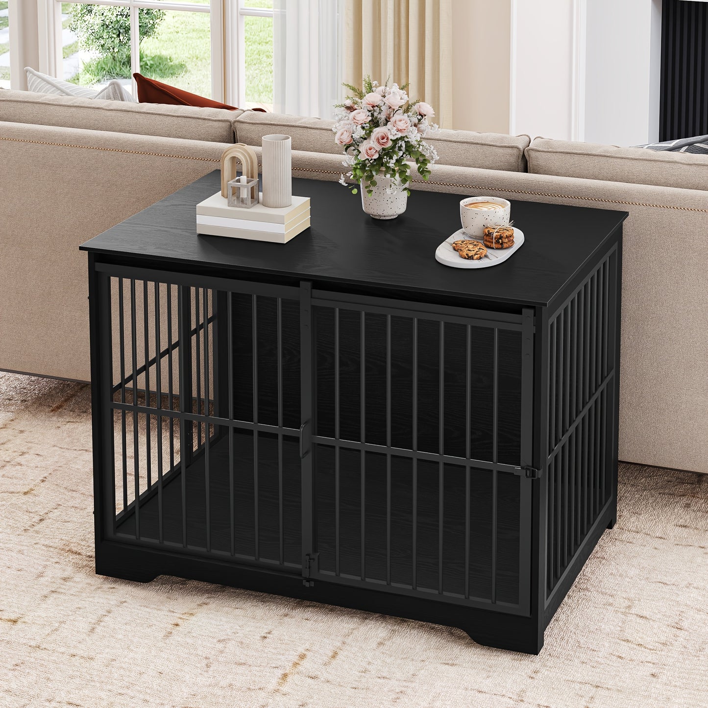 Gabbia per Cani Arredo, 110cm Gabbia per Cani, Cuccia Moderna Interna a Doppia Porta per Razze Medie e Grandi, Tavolino Laterale con Porte Scorrevoli Rinforzate 110 × 65 × 81cm
