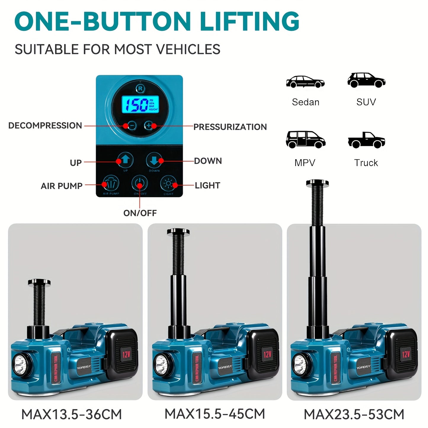 Cric idraulico da 5 tonnellate con pompa gonfiabile e luce LED, martinetto idraulico elettrico per auto 12V, escursione di sollevamento 14,5-53 cm, display digitale, martinetto da pavimento portatile per auto, SUV, berline, monovolume, camion, cambio gomm