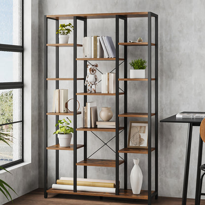 Bookshelf, Scaffale Verticale Con 6 Livelli E 15 Ripiani, Ripiani Aperti Regolabili, Per Soggiorno, Ufficio, Camera Da Letto, 30 X 100 X 170cm, Marrone Scuro Vintage