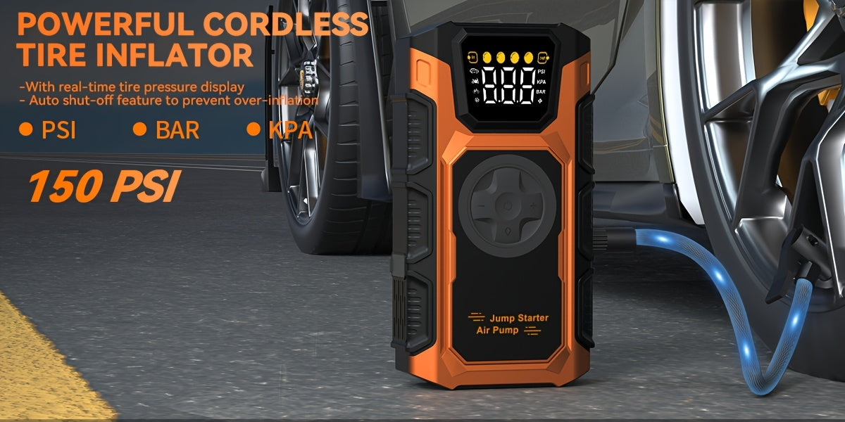 Power Bank Portatile 12V 6000A & Compressore d'Aria Avviatore con Ricarica Rapida e Cavo Intelligente - Booster Batteria 5-in-1 Adatto per Camion a Benzina 7.5L/Diesel 6.0L, Ricarica USB-C, Gonfiaggio Pneumatici, per Campeggio e Viaggi su Strada