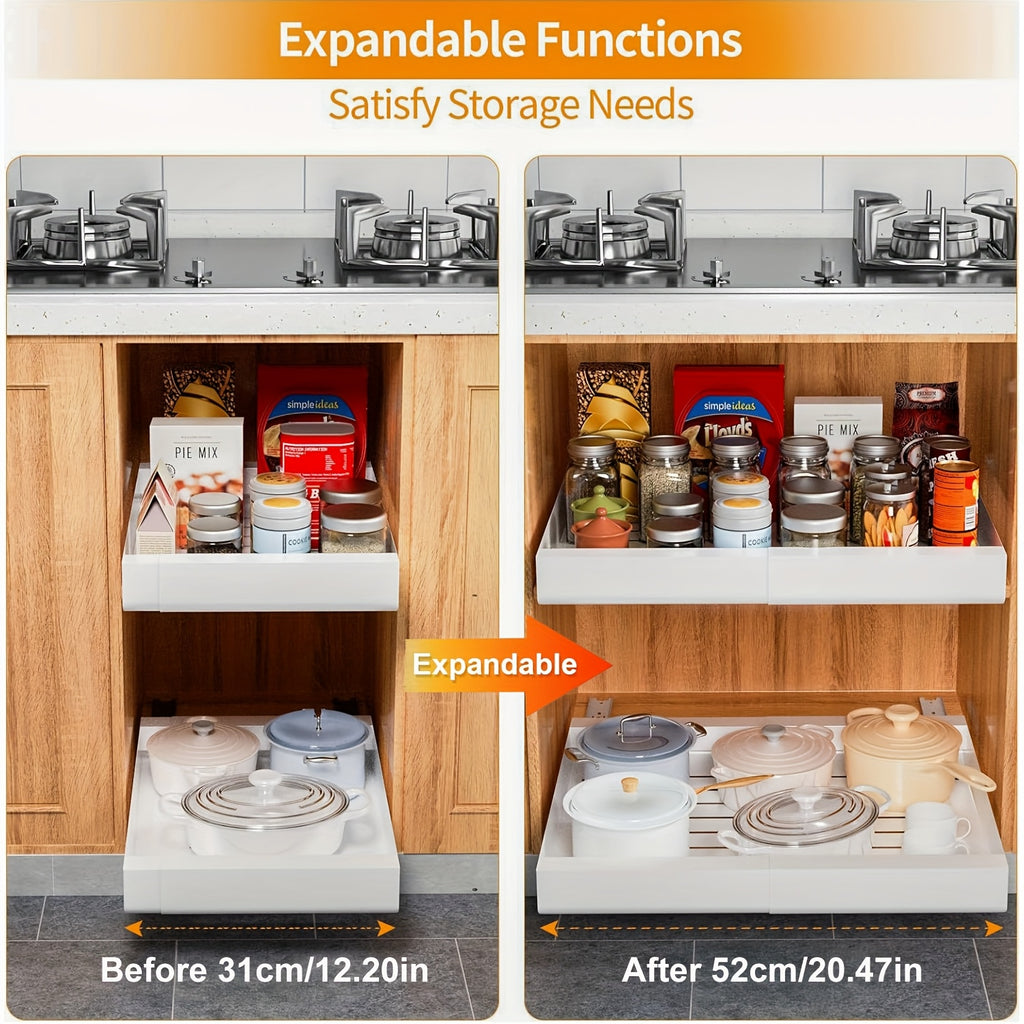Organizzatore Espandibile per Armadi con Pellicola Adesiva, Larghezza Regolabile da 31cm a 52cm, Cassetto in Metallo Resistente per Pensili di Base, Dispensa e Bagno, Bianco & Nero, Meccanismo Scorrevole Fluido, Facile Installazione, Offerta HOT Devesante