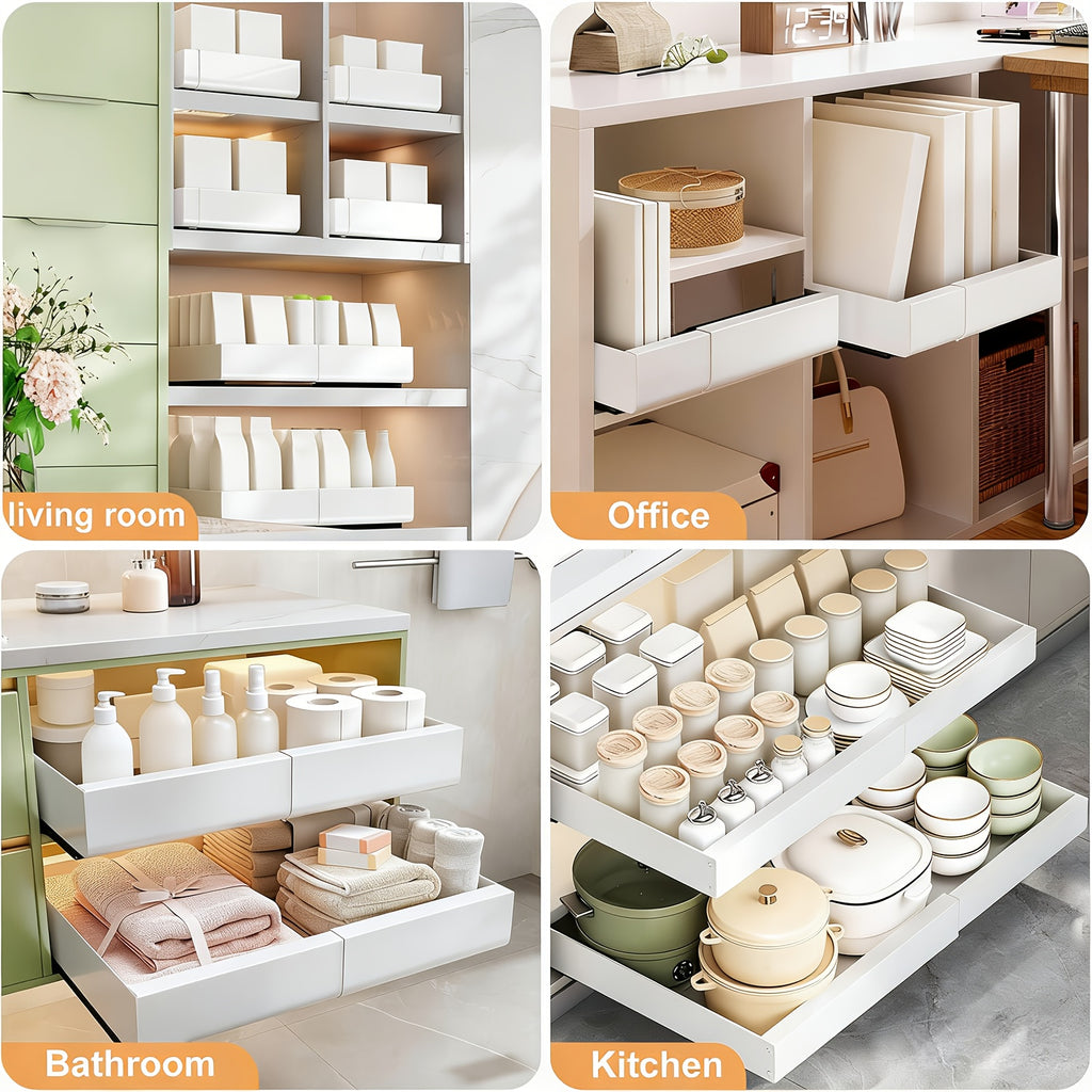 Organizzatore Espandibile per Armadi con Pellicola Adesiva, Larghezza Regolabile da 31cm a 52cm, Cassetto in Metallo Resistente per Pensili di Base, Dispensa e Bagno, Bianco & Nero, Meccanismo Scorrevole Fluido, Facile Installazione, Offerta HOT Devesante