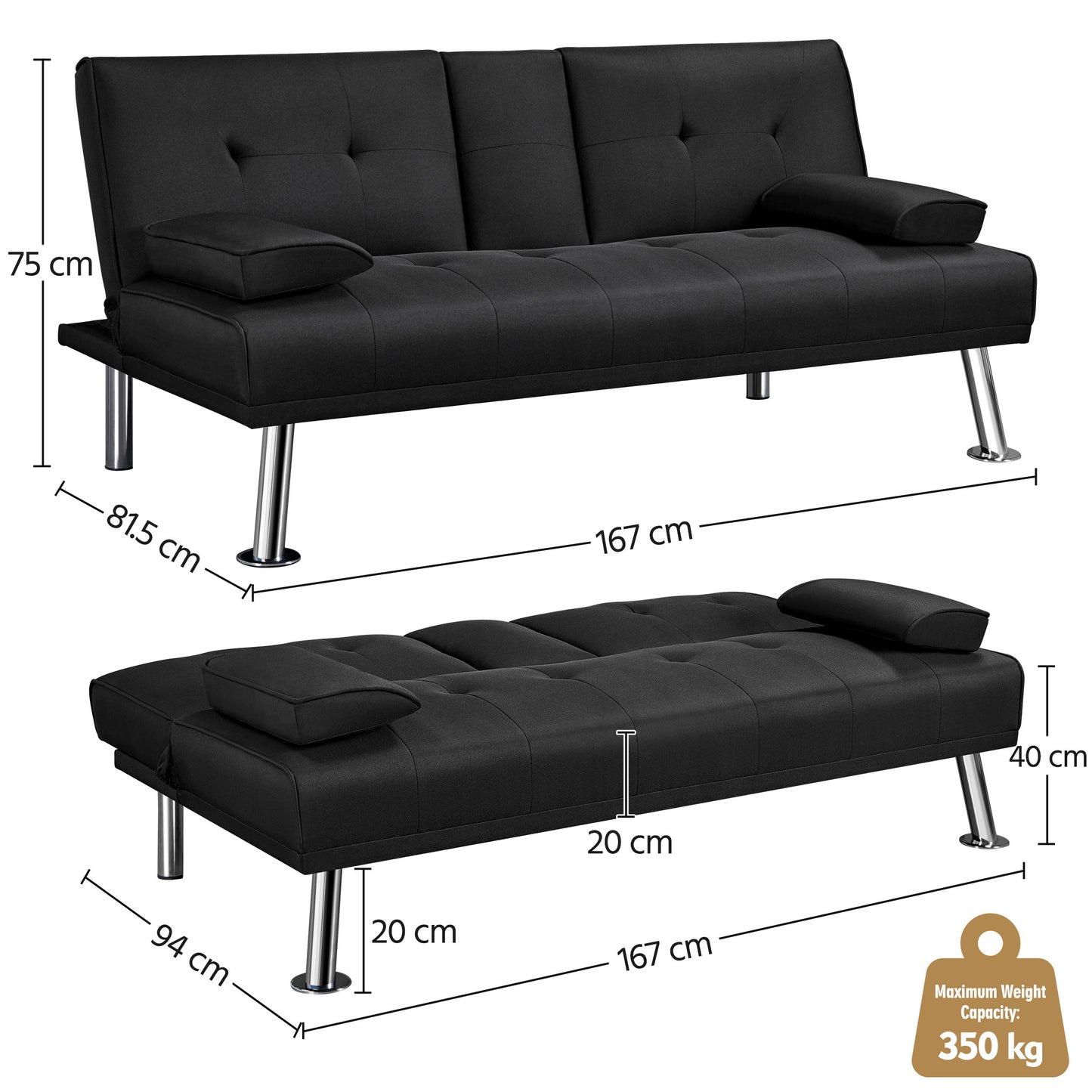 Costoffs Divano Letto a 3 Posti Divano Trasformabile con 2 Braccioli Staccabili Mobile Imbottito con Supporto Centrale Porta Bicchieri Divanetto Reclinabile da Salotto
