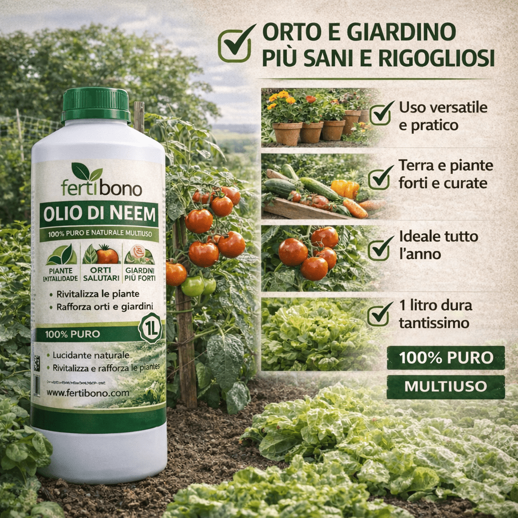 FERTIBONO Olio di Neem 100% Puro, 500 ml, Spremuto a Freddo | Multiuso per Piante, Orto e Giardino