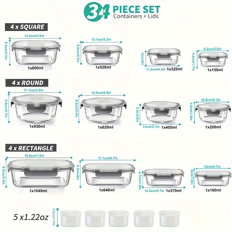 Set da 34 pezzi di contenitori per alimenti in vetro con coperchi, contenitori ermetici in vetro per la preparazione dei pasti (17 contenitori e 17 coperchi), contenitori per il pranzo a prova di perdite, per microonde, forno, congelatore, lavastoviglie