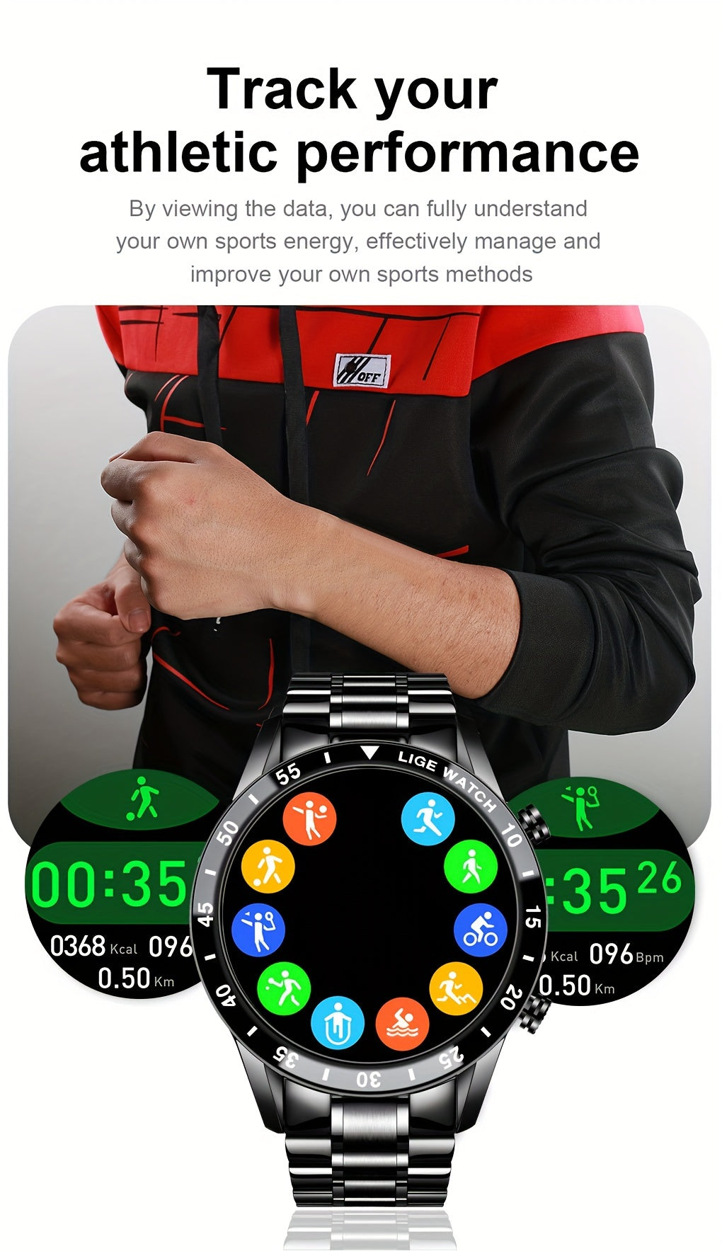 Orologio Intelligente LIGE con Schermo Touch Completo da 3,53 cm. Funzione di Controllo Musicale/Avviso Informazioni Chiamate/Conteggio Calorie. Orologi da Polso Sportivi Multifunzionali per Esterni per Android e iPhone. Adatto per Regali a Uomini