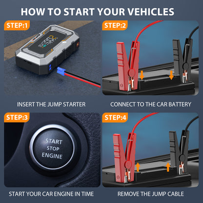 Avviatore di emergenza per auto 8000A con compressore d'aria, pompa di gonfiaggio cordless per pneumatici, booster di batteria con power bank e torce a LED, doppio display della pressione dell'aria
