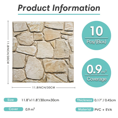 Questo pacchetto include dieci pannelli murali 3D autoadesivi con superficie in PVC effetto pietra, ciascuno misurato 30 per 30 centimetri, progettati per decorare pareti interne.