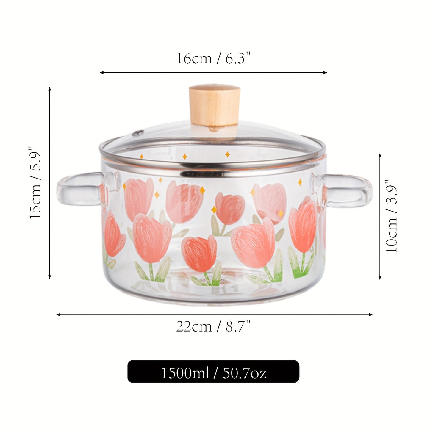 1 pezzo di pentola in vetro stampata con tulipani da 1500ml/50.7oz. Realizzata in vetro borosilicato, adatta per fornelli a gas, fornelli portatili e a cartuccia, non adatta per piastre a induzione, pentolino piccolo con doppie maniglie