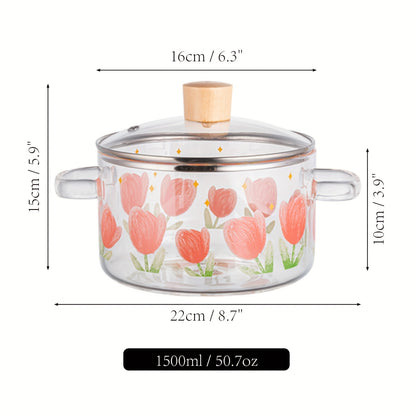 1 pezzo di pentola in vetro stampata con tulipani da 1500ml/50.7oz. Realizzata in vetro borosilicato, adatta per fornelli a gas, fornelli portatili e a cartuccia, non adatta per piastre a induzione, pentolino piccolo con doppie maniglie