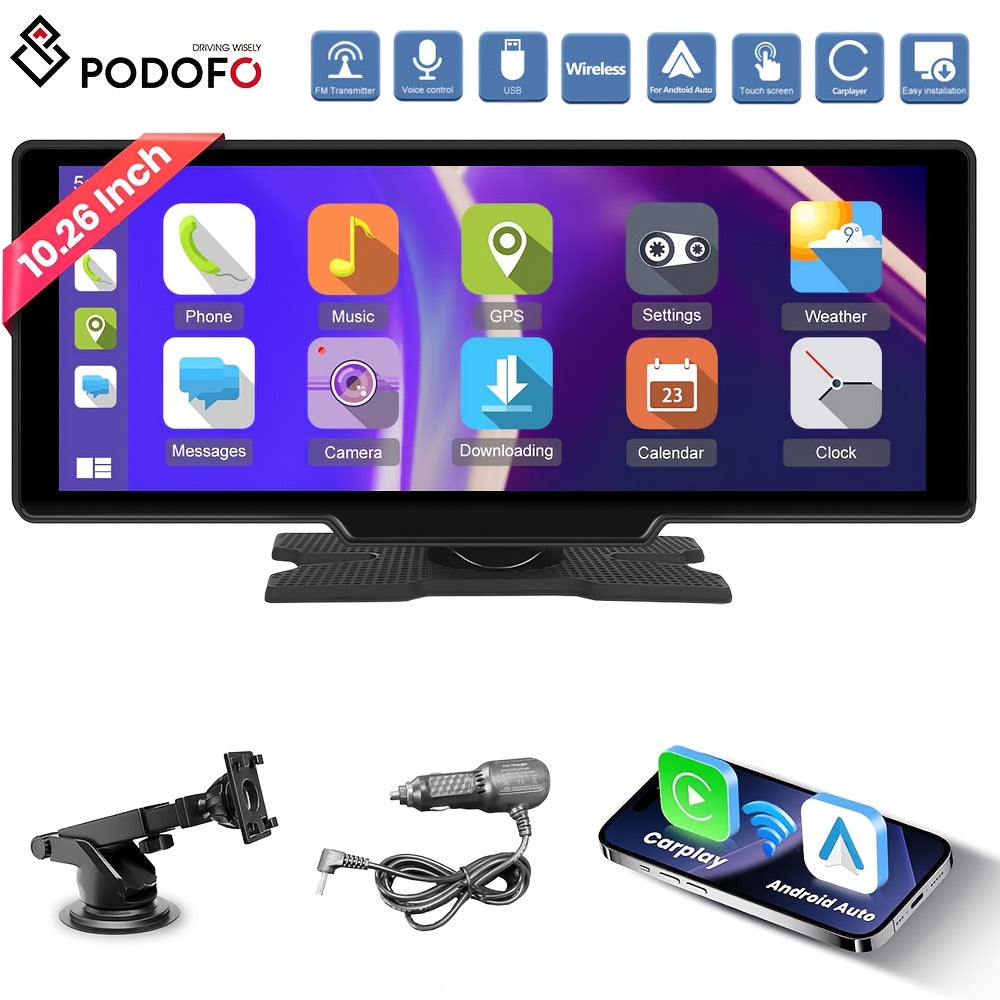 PODOFO Schermo Wireless da 10,26 Pollici per Autoradio con Carplay Android Auto con Vivavoce BT/ Touchscreen HD/ Airplayer/ Android Mirror Link/ GPS/ Si-ri/ Telecamera Posteriore/ FM/ AUX/ Porta Scheda TF/ Base Monitor, Un Regalo Perfetto per Papà