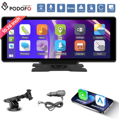 PODOFO Schermo Wireless da 10,26 Pollici per Autoradio con Carplay Android Auto con Vivavoce BT/ Touchscreen HD/ Airplayer/ Android Mirror Link/ GPS/ Si-ri/ Telecamera Posteriore/ FM/ AUX/ Porta Scheda TF/ Base Monitor, Un Regalo Perfetto per Papà