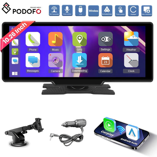 PODOFO Schermo Wireless da 10,26 Pollici per Autoradio con Carplay Android Auto con Vivavoce BT/ Touchscreen HD/ Airplayer/ Android Mirror Link/ GPS/ Si-ri/ Telecamera Posteriore/ FM/ AUX/ Porta Scheda TF/ Base Monitor, Un Regalo Perfetto per Papà