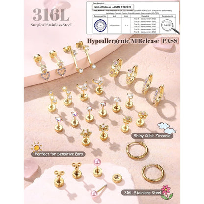 2D Flat - 14 Paia di Orecchini a Turchese Ipoallergenici per Donna | Acciaio Inossidabile Chirurgico, Placcato Oro 14K, Zirconia Sintetica, Stile Elegante e Facile - Set di Orecchini a Turchese con Base Piatta, Piccoli Cerchi