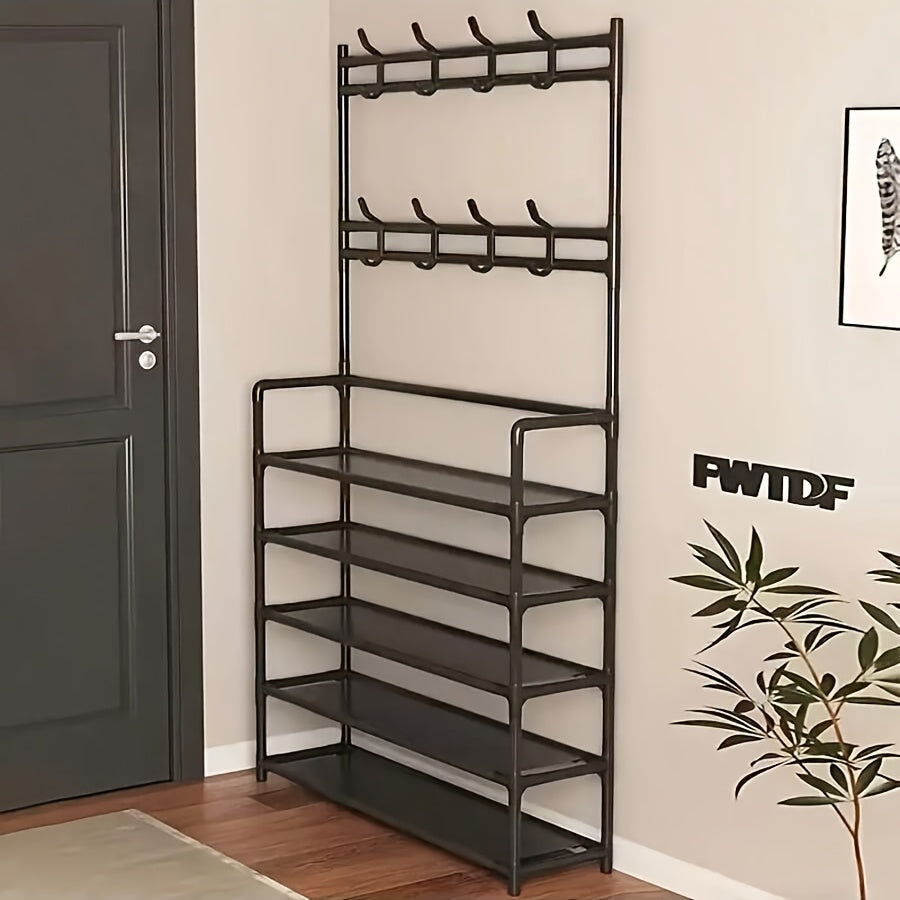 Scarpiera portaoggetti - Appendiabiti salvaspazio, scarpiera a 5 ripiani con 8 ganci, robusta struttura in metallo/plastica dorata, design autoportante o a parete per casa, ufficio e negozio - Adatta per riporre scarpe, cappotti, cappelli, ecc., regalo di
