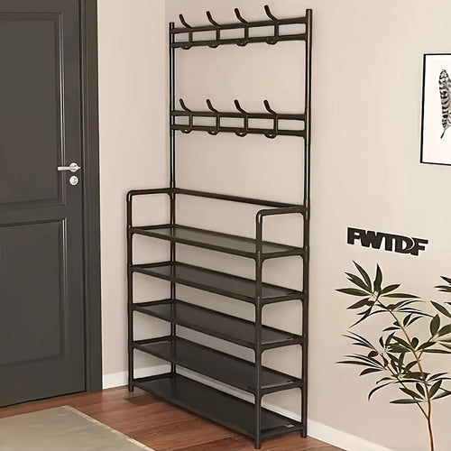 Scarpiera portaoggetti - Appendiabiti salvaspazio, scarpiera a 5 ripiani con 8 ganci, robusta struttura in metallo/plastica dorata, design autoportante o a parete per casa, ufficio e negozio - Adatta per riporre scarpe, cappotti, cappelli, ecc., regalo di