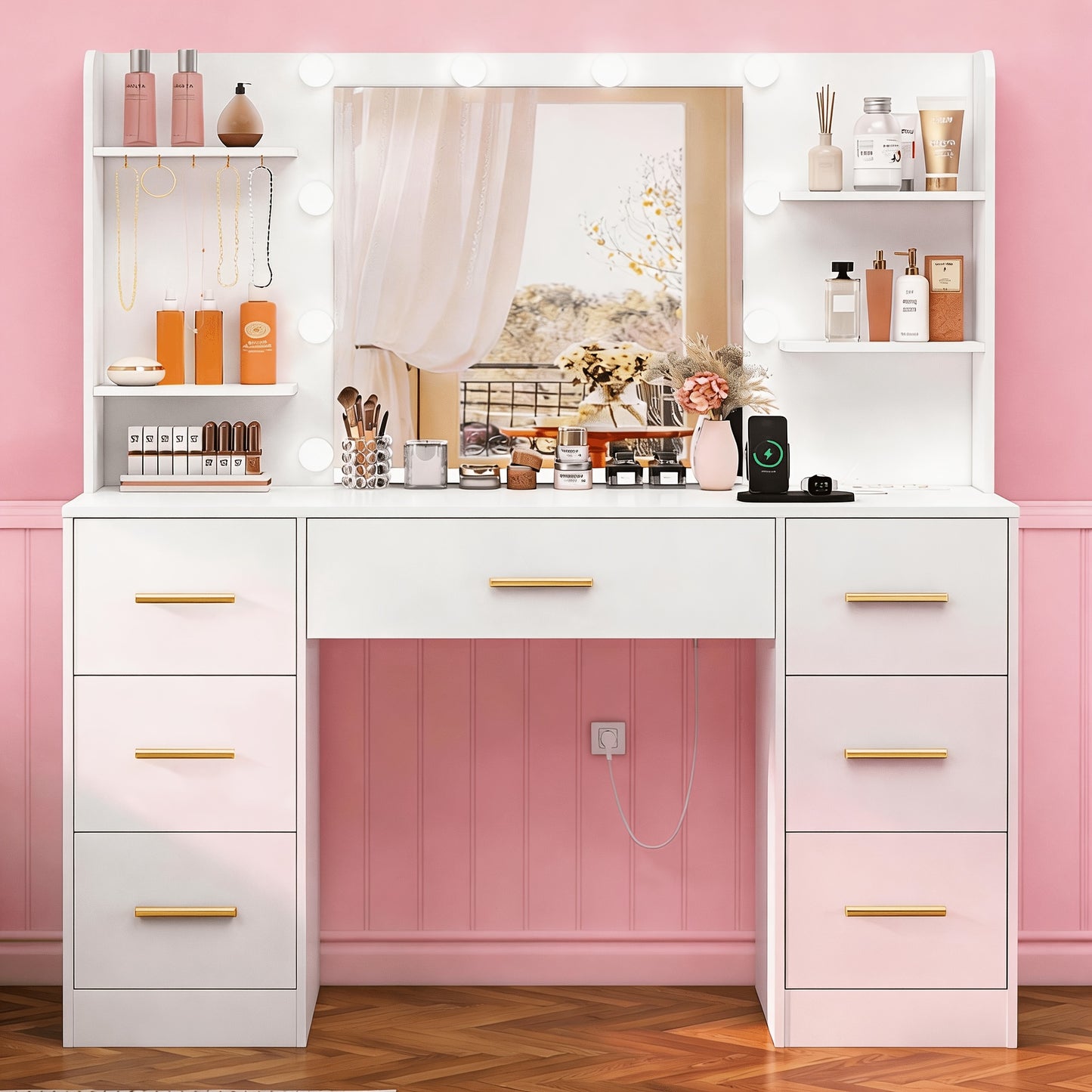 Grandi Scrivania da Trucco con Specchio LED Illuminato e Presa Elettrica, Tavolo da Trucco con 7 Cassetti, 4 Ripiani e 5 Ganci, Tavolo da Trucco, Set Scrivania da Trucco per Camera da Letto, Bagno