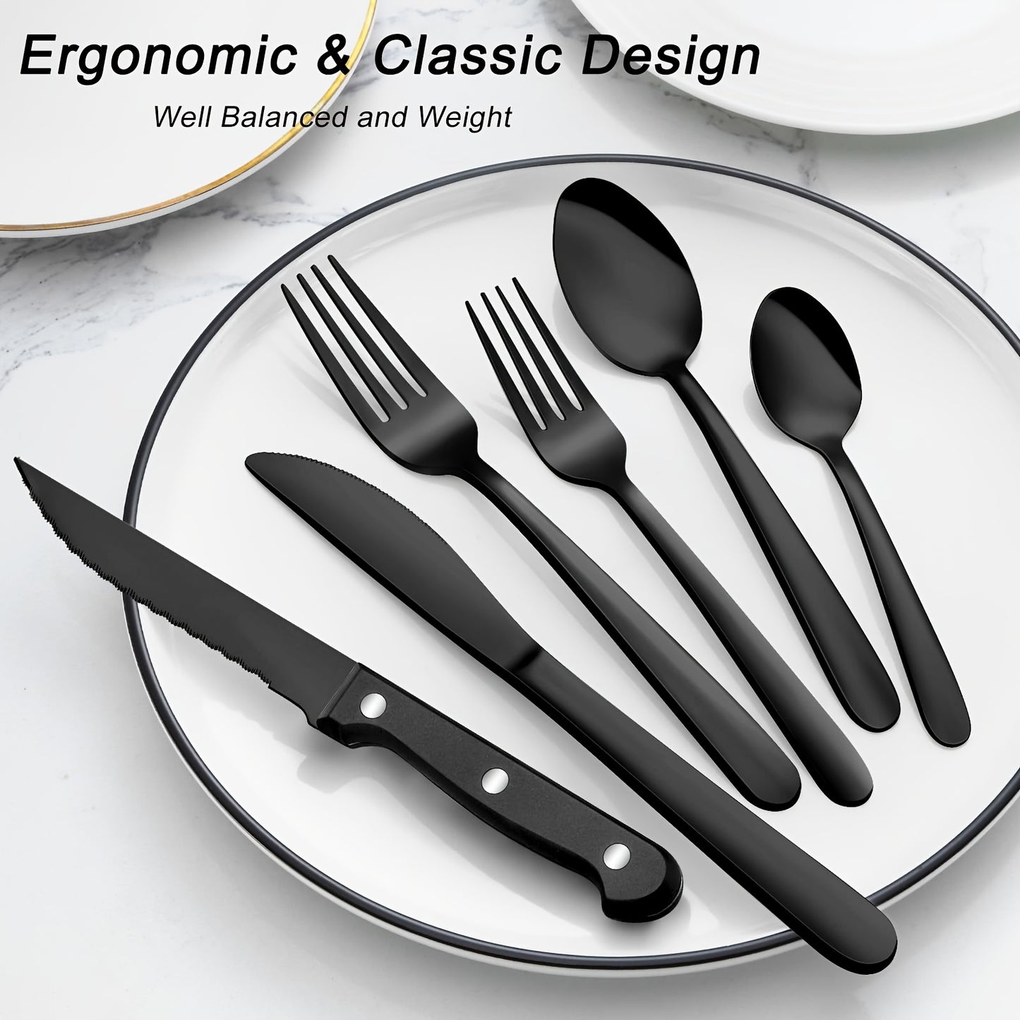 Set di stoviglie in acciaio inossidabile nero da 36 pezzi, stoviglie in acciaio inossidabile di alta qualità, nero lucido, adatto per 6 persone, set di stoviglie con coltello, forchetta, cucchiaio, adatto per matrimoni, feste, compleanni, ristoranti, lava