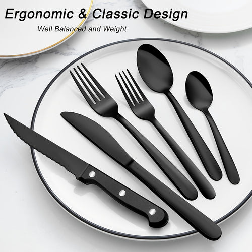 Set di stoviglie in acciaio inossidabile nero da 36 pezzi, stoviglie in acciaio inossidabile di alta qualità, nero lucido, adatto per 6 persone, set di stoviglie con coltello, forchetta, cucchiaio, adatto per matrimoni, feste, compleanni, ristoranti, lava