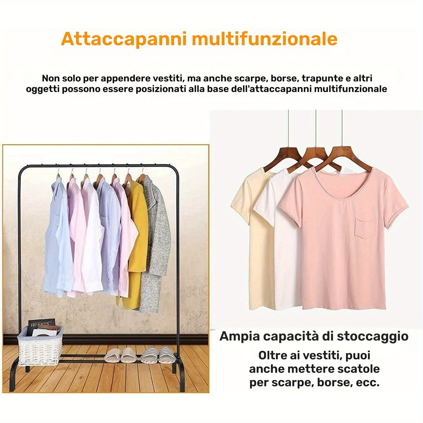 Stendibiancheria autoportante Appendiabiti Stendino in metallo per camera da letto con ripiano inferiore portaoggetti, portascarpe, appendiabiti per camera da letto 146 x 110 x 40 cm (nero)