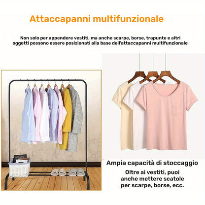 Stendibiancheria autoportante Appendiabiti Stendino in metallo per camera da letto con ripiano inferiore portaoggetti, portascarpe, appendiabiti per camera da letto 146 x 110 x 40 cm (nero)