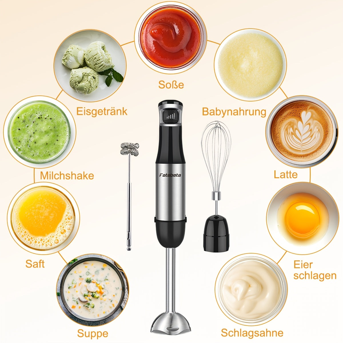 Frullatore a immersione portatile 6 in 1 - Frullatore a immersione in acciaio inossidabile con 5 velocità, tritatutto, frusta e montalatte per carne, purè di patate e pappe