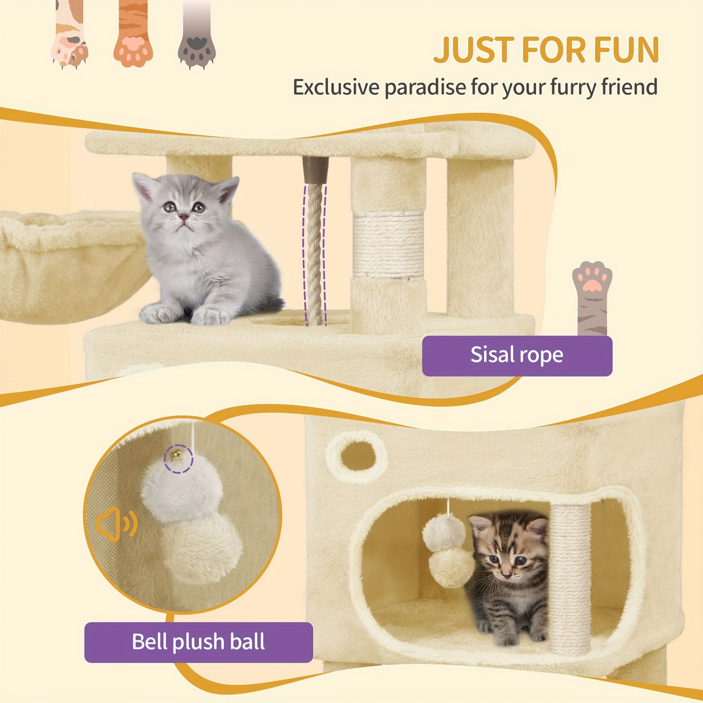 Torre per gatti beige, alta 159 cm con 8 tiragraffi, 3 livelli, 2 rifugi, un cesto, palline di peluche e corda in sisal, ideale per gatti di diverse dimensioni