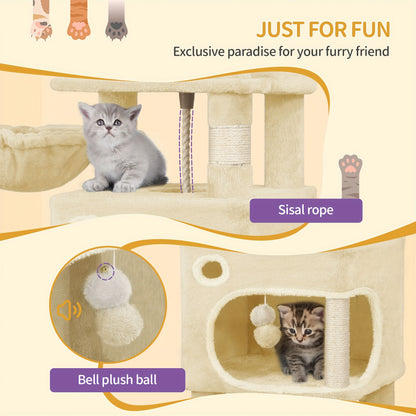 Torre per gatti beige, alta 159 cm con 8 tiragraffi, 3 livelli, 2 rifugi, un cesto, palline di peluche e corda in sisal, ideale per gatti di diverse dimensioni