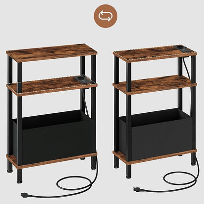 Tavolino Laterale Stretto a 3 Ripiani, Tavolino da Divano con Stazione di Ricarica, Comodino con Cassetto Rimovibile in Tessuto Non Tessuto, Tavolino da Divano in Stile Rustico, Adatto per Camera da Letto, Soggiorno, Ufficio, Molteplici Ambienti, Marrone