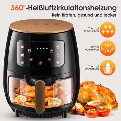 Friggitrice ad aria 6L con finestra trasparente, nuova grande capacità, touch screen, multifunzione, mini forno, controlli touch con 6 preimpostazioni, cestello antiaderente e lavabile in lavastoviglie, - Nero, pollo, patatine, arrosticini, arrosti, disid