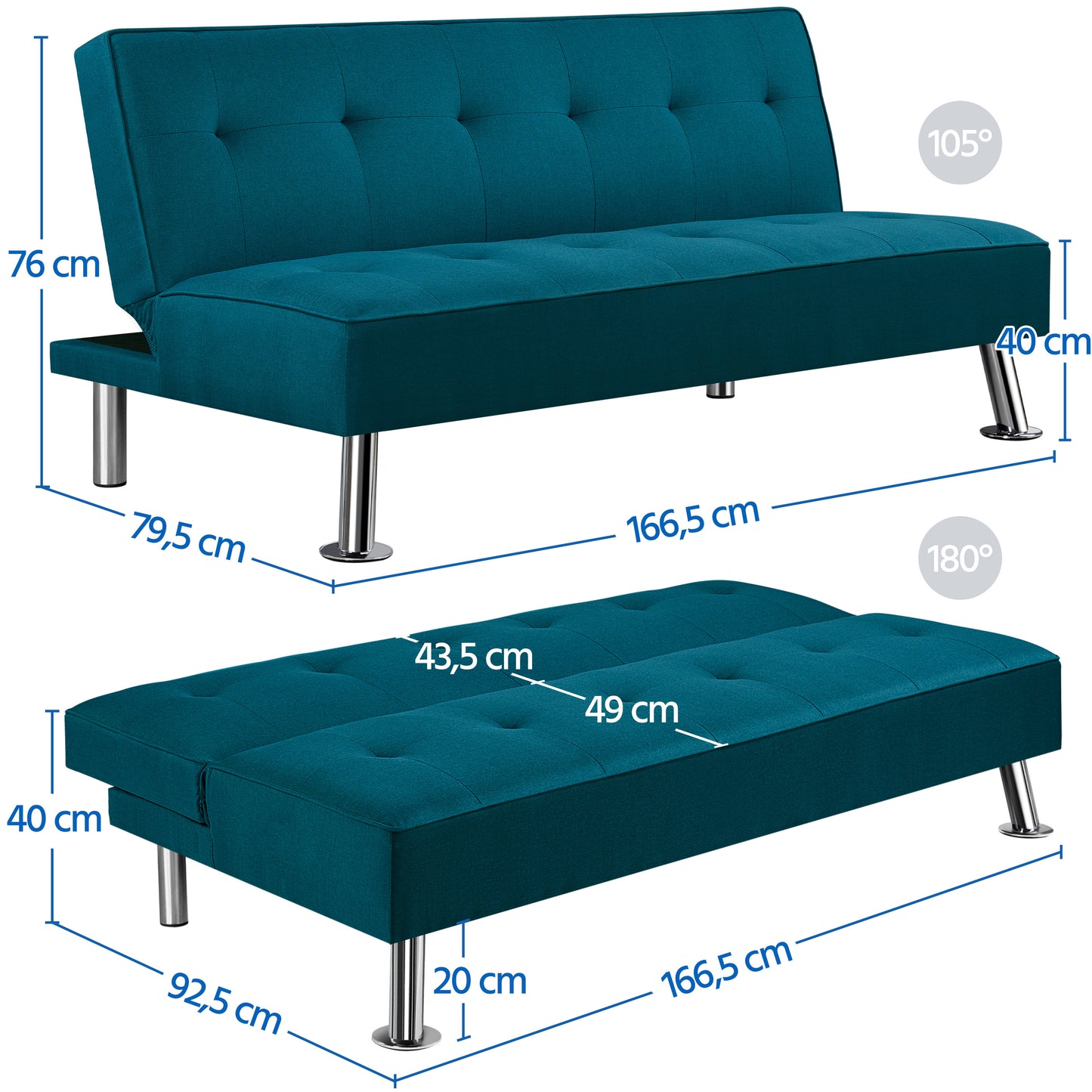 Costoffs Divano Letto a 3 Posti Divano Letto in Tessuto Imbottito con Gambe in Metallo Cromato 105° - 180° per Soggiorno Studio Ufficio Camera degli Ospiti Carico Massimo 350 kg