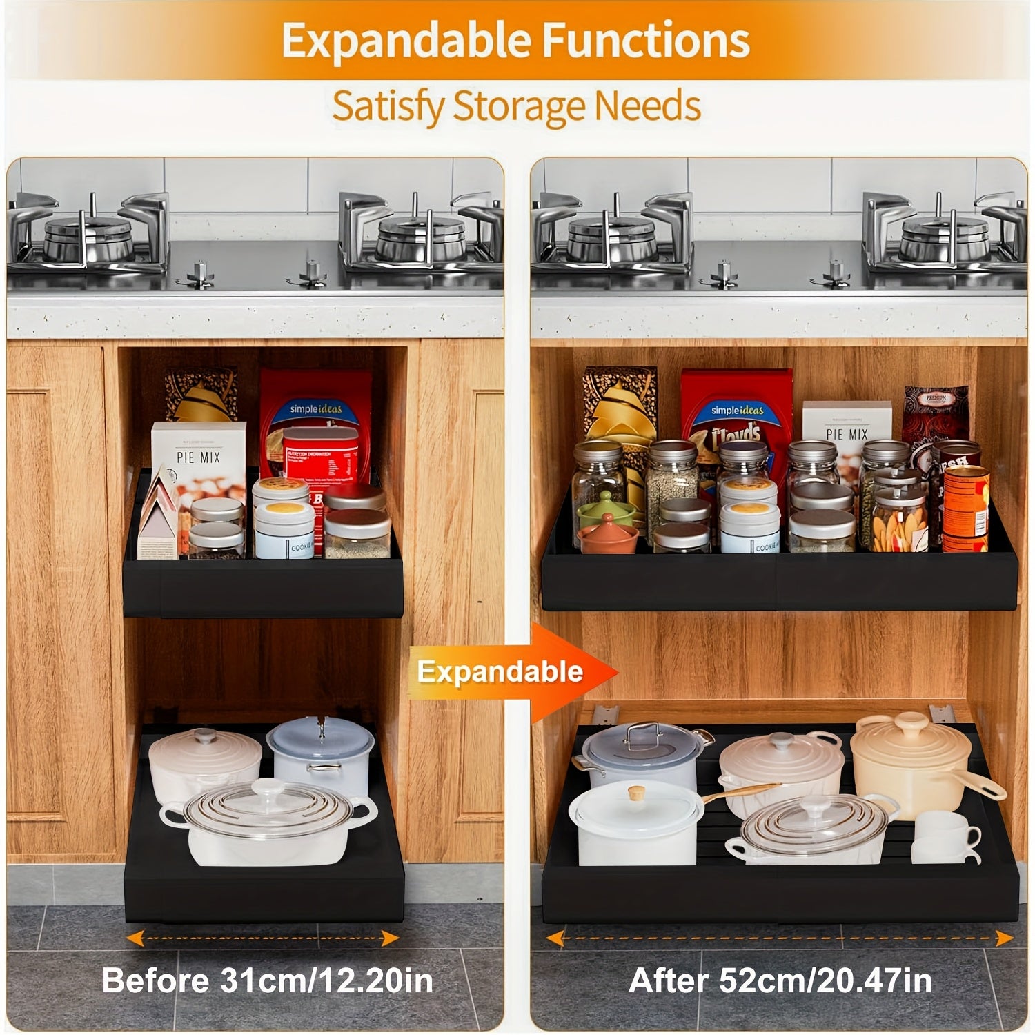 Organizzatore Espandibile per Armadi con Pellicola Adesiva, Larghezza Regolabile da 31cm a 52cm, Cassetto in Metallo Resistente per Pensili di Base, Dispensa e Bagno, Bianco & Nero, Meccanismo Scorrevole Fluido, Facile Installazione, Offerta HOT Devesante