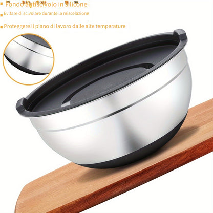 Set da 22 pz/10 pz di Ciotole per Insalata Avanzate in Acciaio Inossidabile con Coperchi, Base della Ciotola in Silicone Aggiornata, Gruppo di Ciotole per Insalata Impilabili, Lavabili in Lavastoviglie, 5L, 4.5L, 4L, 2.4L, 1.7L, 1.3L, 0.8L, Confezione Mis