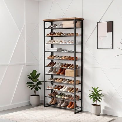 Scarpiera, Organizzatore Portascarpe a 12 Ripiani di Grande Capacità, Mensola Alta per Scarpe per Ingresso Porta d'Ingresso, Rete , Armadio, Marrone Rustico e Nero