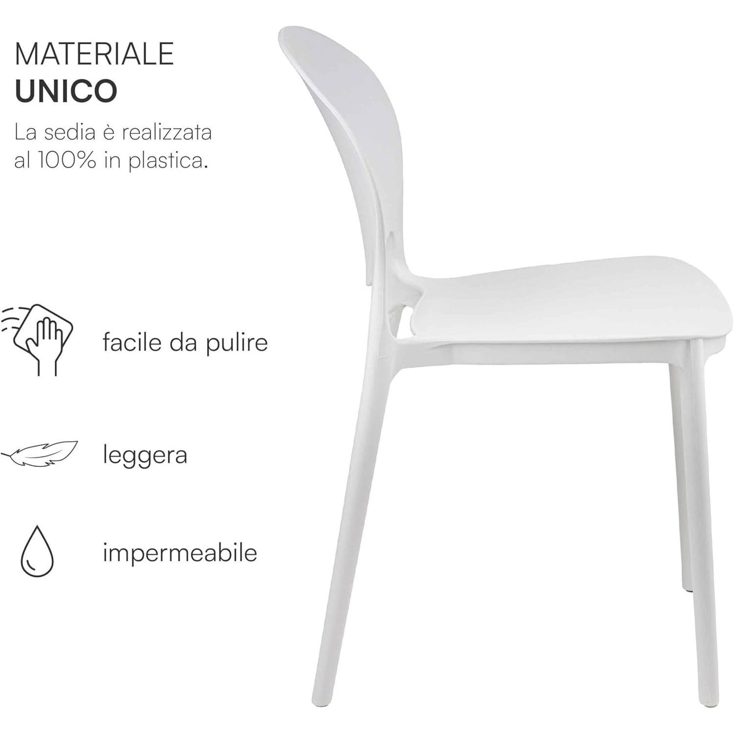 Baroni Home Set 4 Sedie in Plastica Bianca – Sedie Impilabili, Pronte all’Uso Senza Montaggio, Facili da Pulire, con Piedini Antiscivolo per Maggiore Stabilità – Ideali per Cucina, Soggiorno, Sala da Pranzo, Giardino, Terrazzo o Balcone – Sedute Comode e