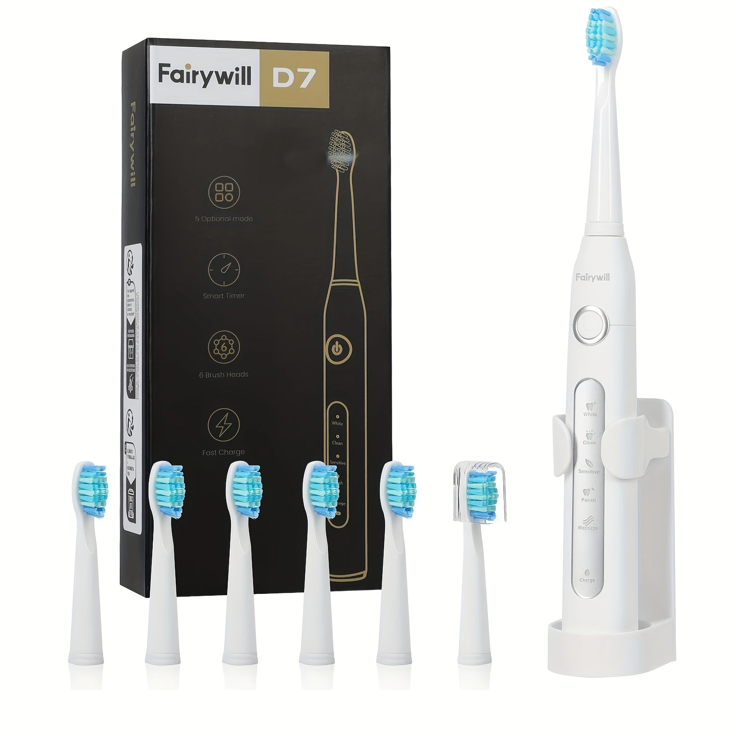 Fairywill Spazzolino Elettrico per Adulti, Ricaricabile USB con Testine, 5 Modalità di Pulizia, Timer, Ricarica Rapida in 3 Ore
