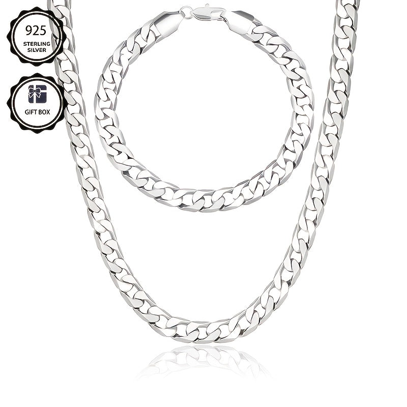 Set di gioielli placcati argento 925, collana a maglie cubane da 8 mm + braccialetto, gioielli minimalisti, regalo per San Valentino, Festa della Mamma, Festa del Papà, confezione regalo in scatola