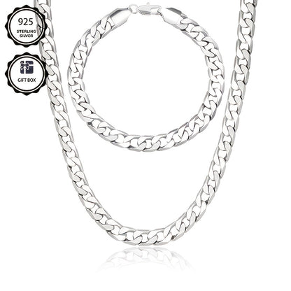 Set di gioielli placcati argento 925, collana a maglie cubane da 8 mm + braccialetto, gioielli minimalisti, regalo per San Valentino, Festa della Mamma, Festa del Papà, confezione regalo in scatola