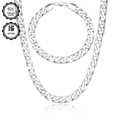 Set di gioielli placcati argento 925, collana a maglie cubane da 8 mm + braccialetto, gioielli minimalisti, regalo per San Valentino, Festa della Mamma, Festa del Papà, confezione regalo in scatola