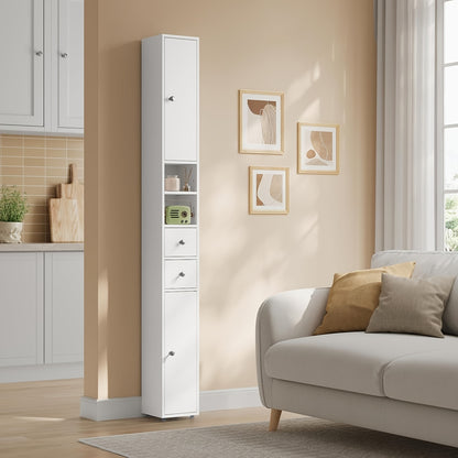 Armadietto per medicinali 1 pz, Armadietto da bagno, Armadietto da bagno stretto e alto con cassetti, scomparti, ripiani regolabili, ante, bianco, MDF, 20 x 180 x 20 cm