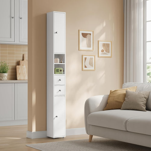 Armadietto per medicinali 1 pz, Armadietto da bagno, Armadietto da bagno stretto e alto con cassetti, scomparti, ripiani regolabili, ante, bianco, MDF, 20 x 180 x 20 cm