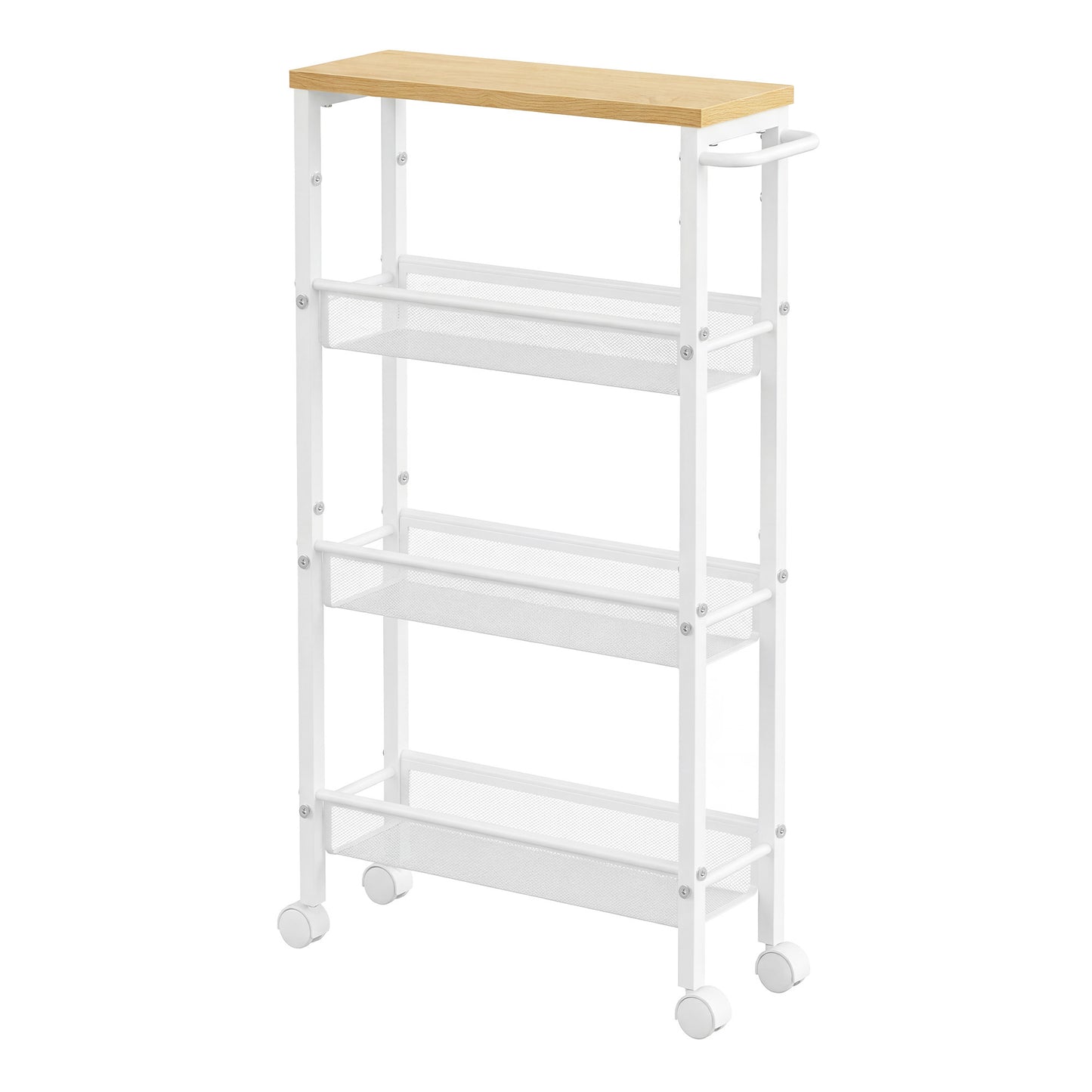 Carrello multiuso con rotelle, design sottile, si inserisce perfettamente negli spazi della cucina. Adatto per l'uso vicino alle cappe aspiranti, nei bagni e accanto ai frigoriferi.