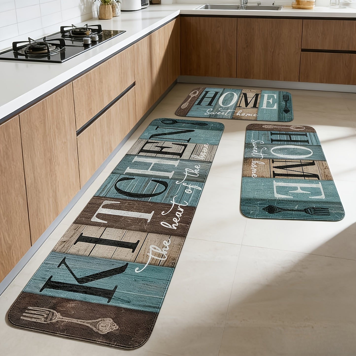 Set 3 tappetini antiscivolo stile rustico, adatti per bagno, soggiorno - Morbidi e spessi con retro in plastica, pietra geometrica classica, arredo country vintage, protezioni lavabili a mano