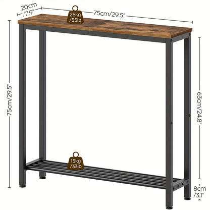 Tavolino d'Ingresso, Consolle Stretta, Tavolino a Doppio Strato, Ideale per Corridoi e Ingressi, Design Compatto in Nero e Marrone con Struttura in Metallo, Perfetto per Soggiorni e Passaggi