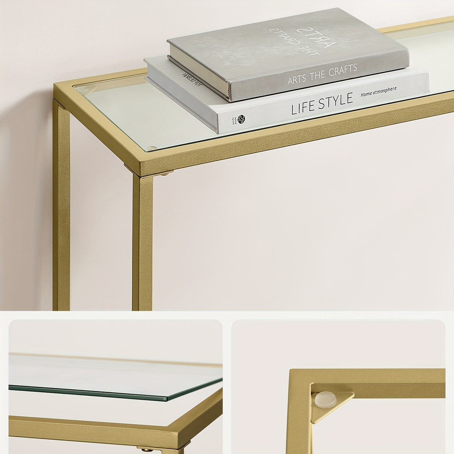 Console, Tavolino da ingresso, Tavolino da divano, Piano in vetro temperato, Facile da montare, Gambe regolabili, Adatto per soggiorno, corridoio e ingresso